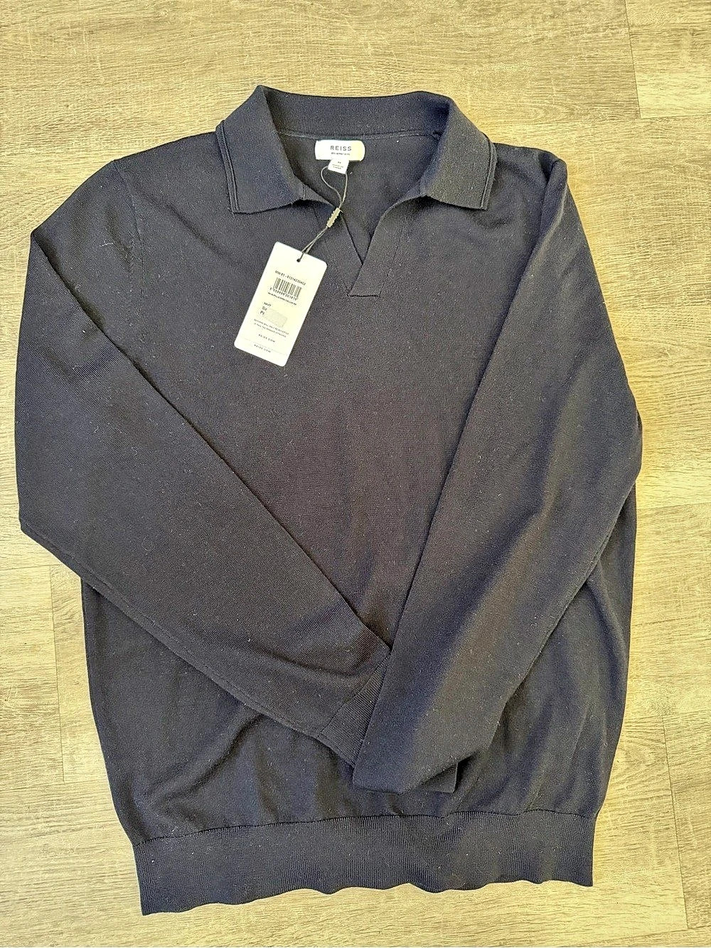 Reiss Milburn-LS Open Collar Merino Wool Polo Blue Medium